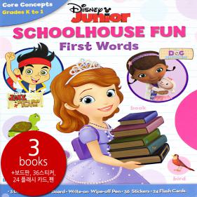 Disney junior schoolhouse fun First Words - 페이퍼북 3권,보드판, 36스티커,24 플래시 카드,펜